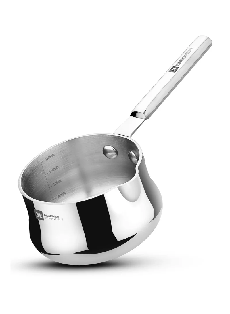 BERGNER Bergner Essentials 12cm (900ml) Tri-Ply Stainless Steel Milk & Coffee Warmer with Handle, Small Pan for Heating Beverages, Melting Butter, Sauces, Easy to Pour, Induction & Gas Stove Compatible